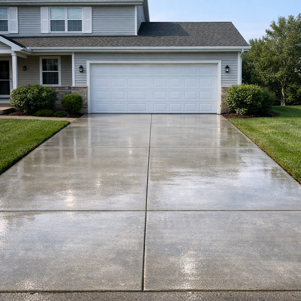 Clean concrete driveway in front of a suburban home