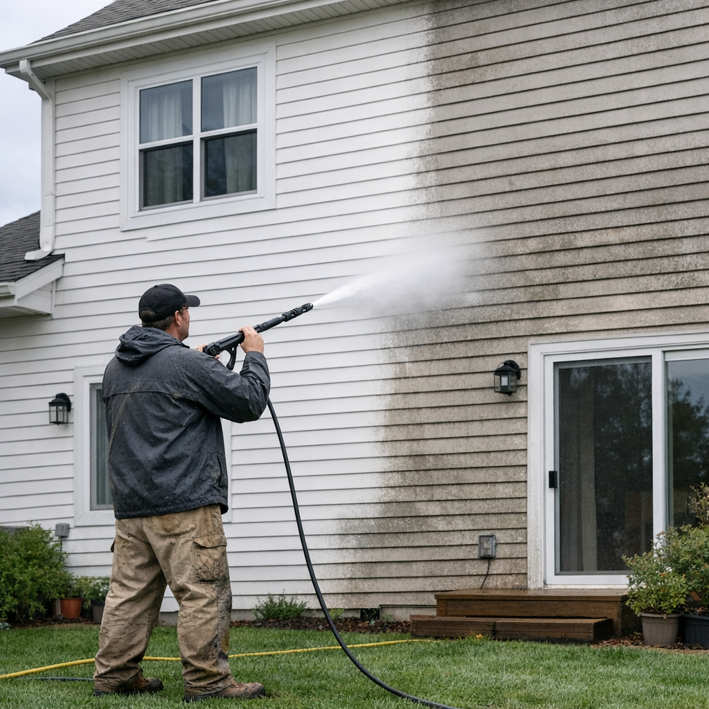 Professional pressure washing a building exterior