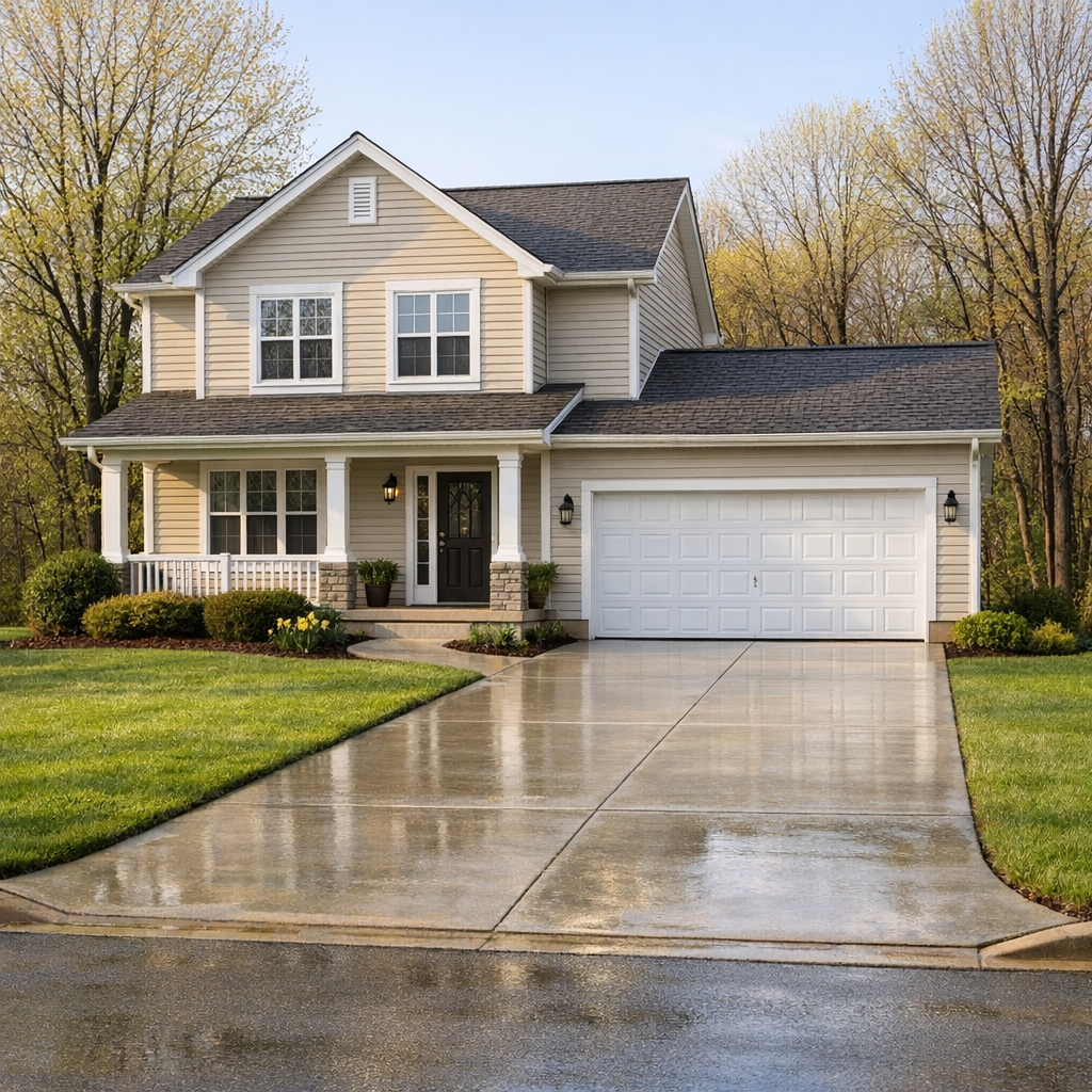 Clean suburban home with a fresh driveway
