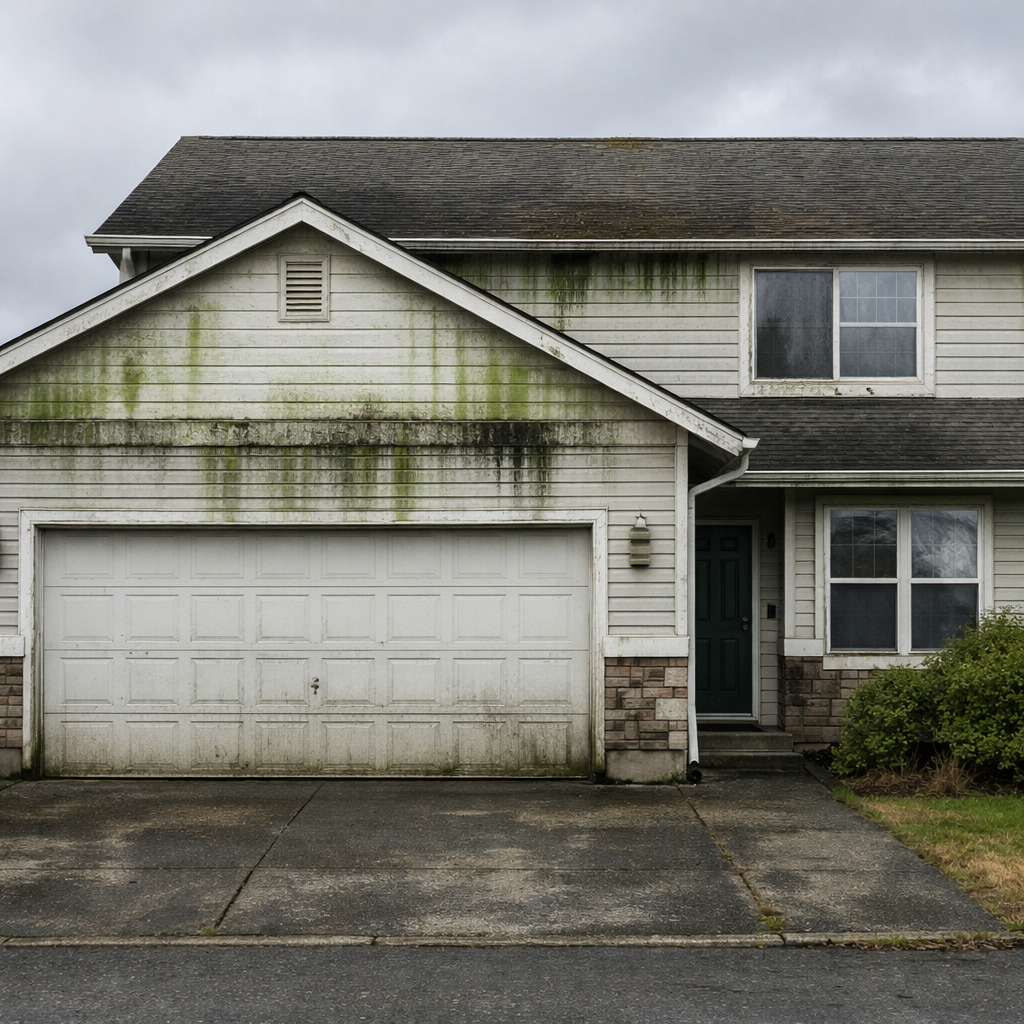 Dirty house exterior with mold and staining on siding